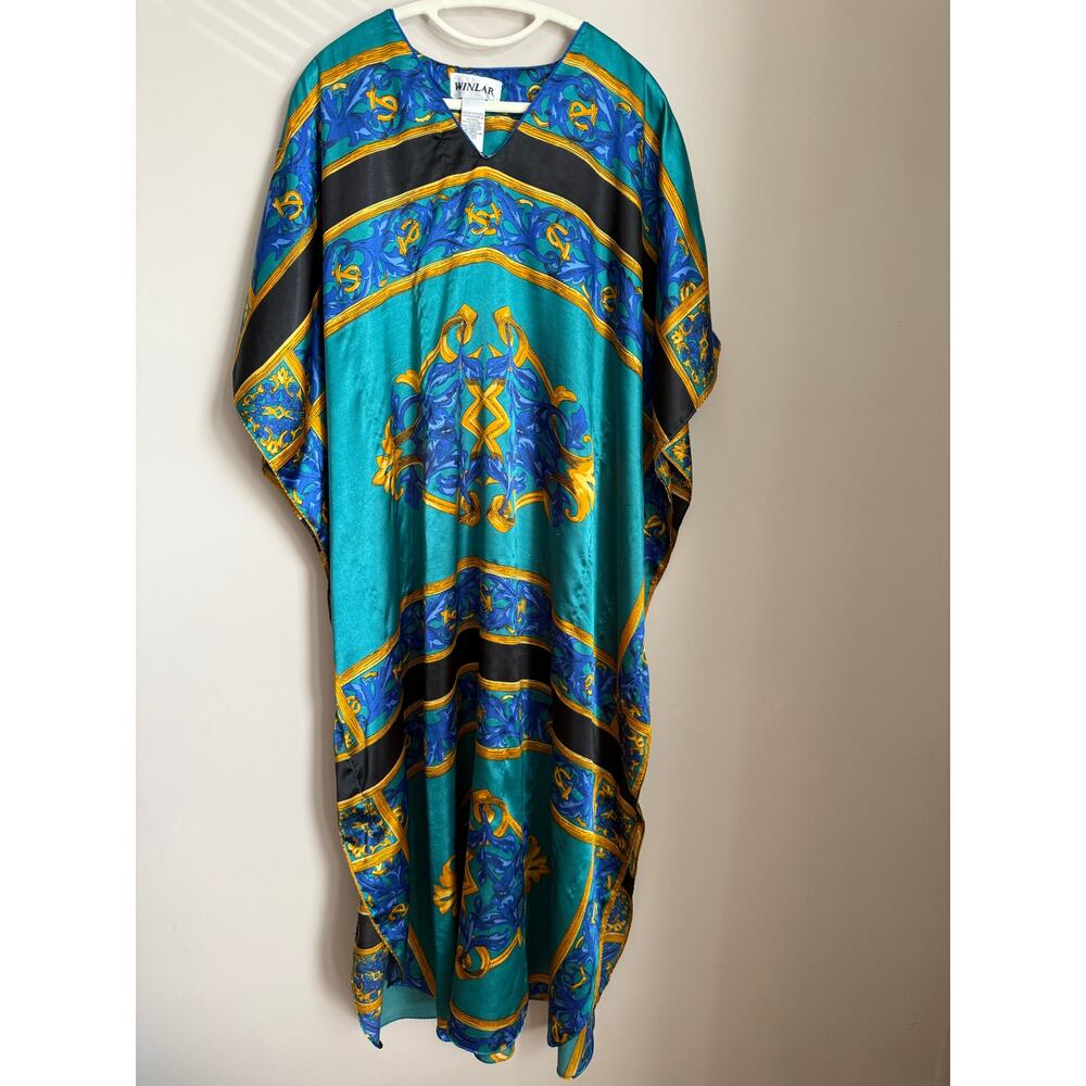 Vintage 80s Baroque Chain Print Satin Kaftan‎ Maxi OSFA Teal & Gold Resort